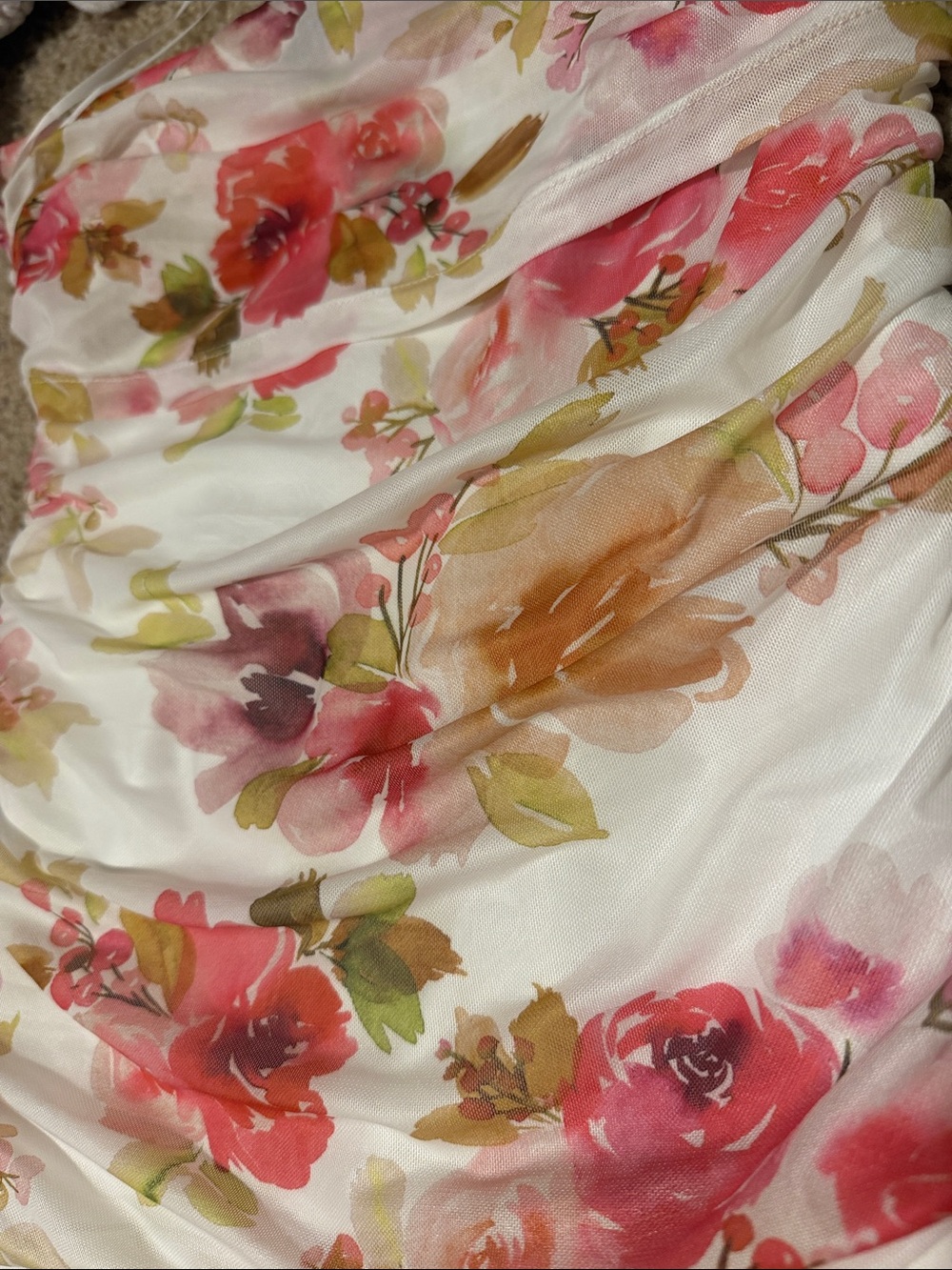 Hello Molly Strapless Floral Mini Dress in White with Pink, Orange & Green - Picture 3 of 3